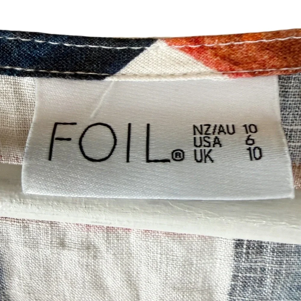 FOIL Linen Midi Dress Womens 6 Abstract Geometric Brushstroke‎ V-Neck Pockets